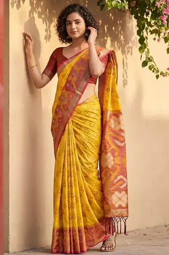 Yellow color pochampally silk zari woven women's indian saree