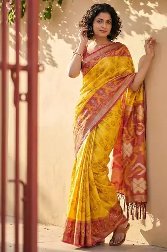 Yellow color pochampally silk blend zari woven women's indian saree