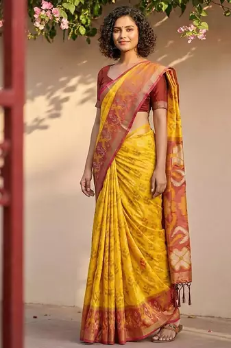 Yellow color pochampally silk blend zari woven women's indian saree