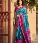 Sky-blue color pochampally silk zari woven women's indian saree