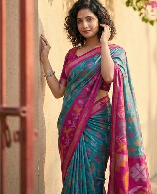 Sky-blue color pochampally silk blend zari woven women's indian saree 2