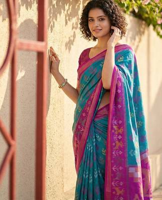 Sky-blue color pochampally silk blend zari woven women's indian saree 3