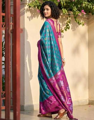 Sky-blue color pochampally silk blend zari woven women's indian saree 4