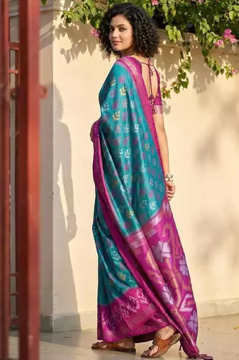 Sky-blue color pochampally silk blend zari woven women's indian saree