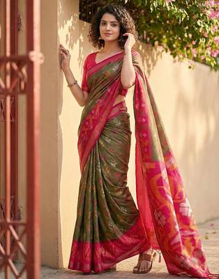 Olive green color pochampally silk blend zari woven women's indian saree 1