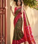 Olive green color pochampally silk blend zari woven women's indian saree