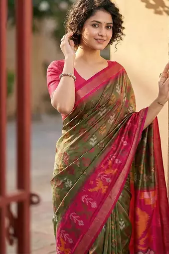 Olive green color pochampally silk blend zari woven women's indian saree