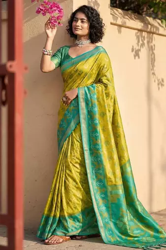 Musturd yellow color pochampally silk zari woven women's indian saree