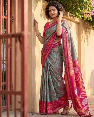 Grey color pochampally silk blend zari woven women's indian saree 1