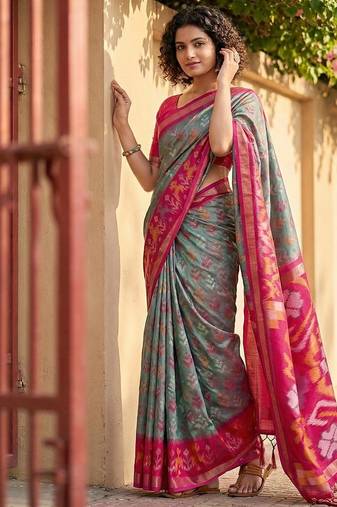 Grey color pochampally silk zari woven women's indian saree