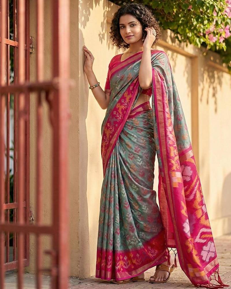Grey color pochampally silk zari woven women's indian saree