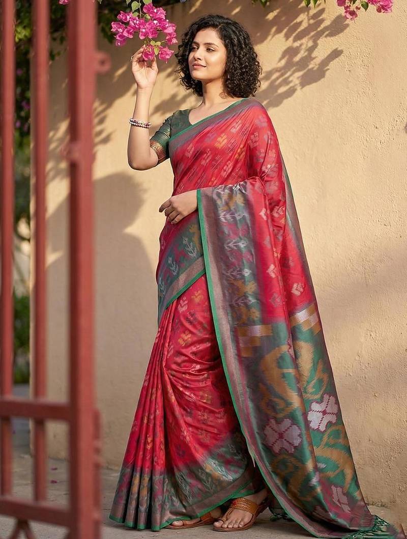 Red color pochampally silk zari woven women's indian saree