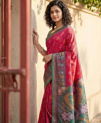 Red color pochampally silk blend zari woven women's indian saree 2