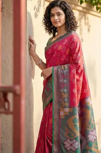Red color pochampally silk blend zari woven women's indian saree