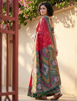 Red color pochampally silk blend zari woven women's indian saree 3