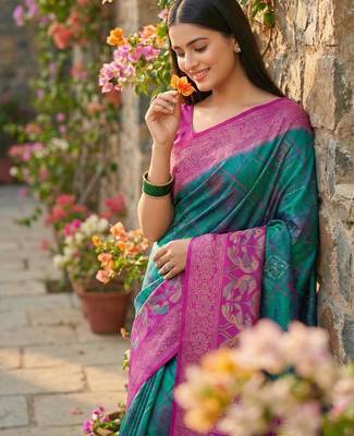 Skyblue pochampally silk blend zari woven women's indian saree 3