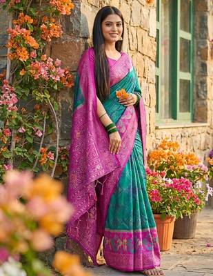 Skyblue pochampally silk blend zari woven women's indian saree 5