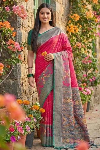 Pink color pochampally silk zari woven women's indian saree