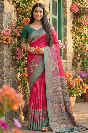 Pink color pochampally silk blend zari woven women's indian saree