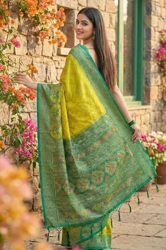 Green color pochampally silk blend zari woven women's indian saree