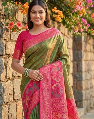 Mehendi green color pochampally silk blend zari woven women's indian saree 2