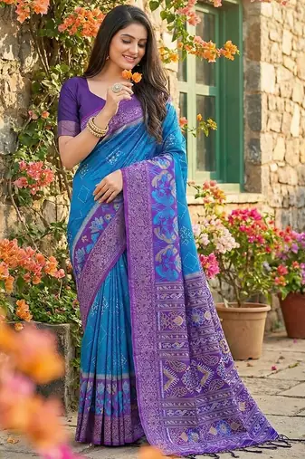 Blue color pochampally silk zari woven women's indian saree