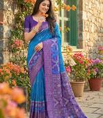 Blue color pochampally silk zari woven women's indian saree
