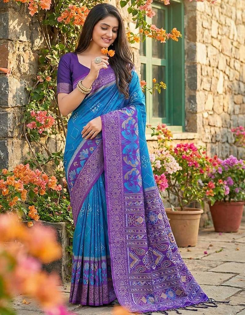 Blue color pochampally silk zari woven women's indian saree