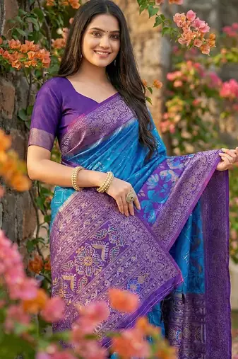 Blue color pochampally silk blend zari woven women's indian saree