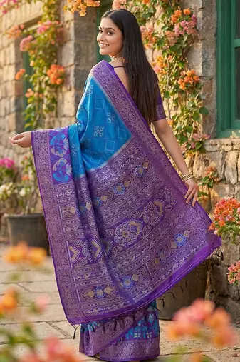 Blue color pochampally silk blend zari woven women's indian saree