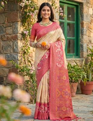 Cream color pochampally silk blend zari woven women's indian saree 1