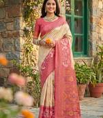 Cream color pochampally silk zari woven women's indian saree