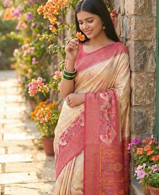 Cream color pochampally silk blend zari woven women's indian saree 2