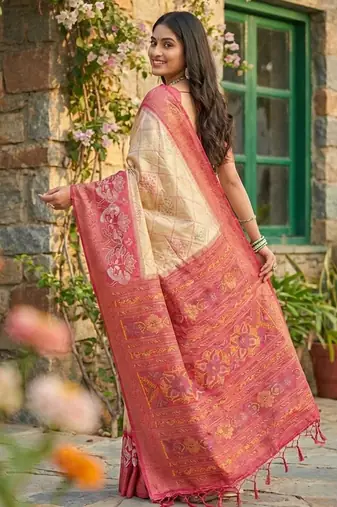Cream color pochampally silk blend zari woven women's indian saree