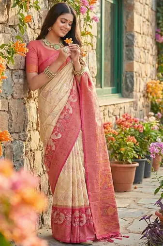 Cream color pochampally silk blend zari woven women's indian saree
