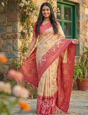 Cream color pochampally silk blend zari woven women's indian saree 5