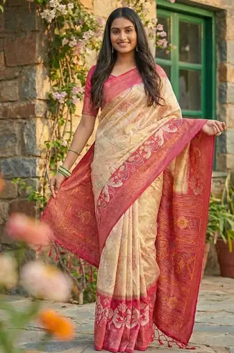 Cream color pochampally silk blend zari woven women's indian saree