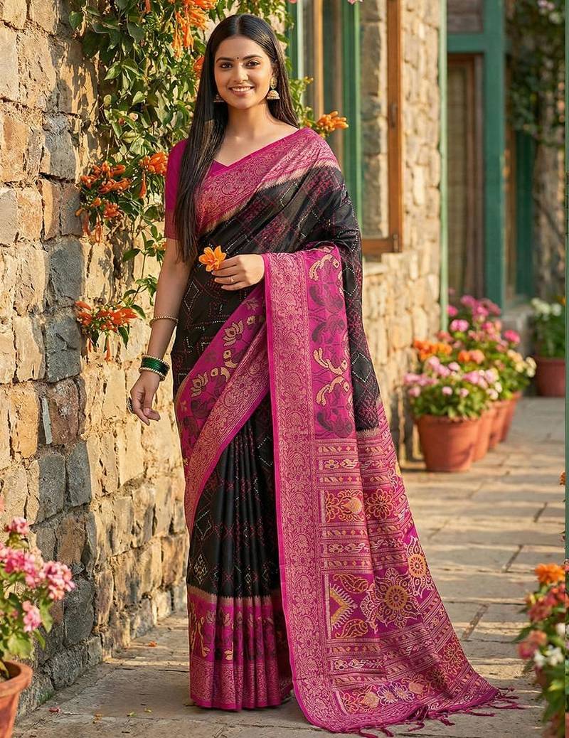 Black color pochampally silk zari woven women's indian saree