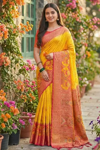 Yellow color pochampally silk zari woven women's indian saree