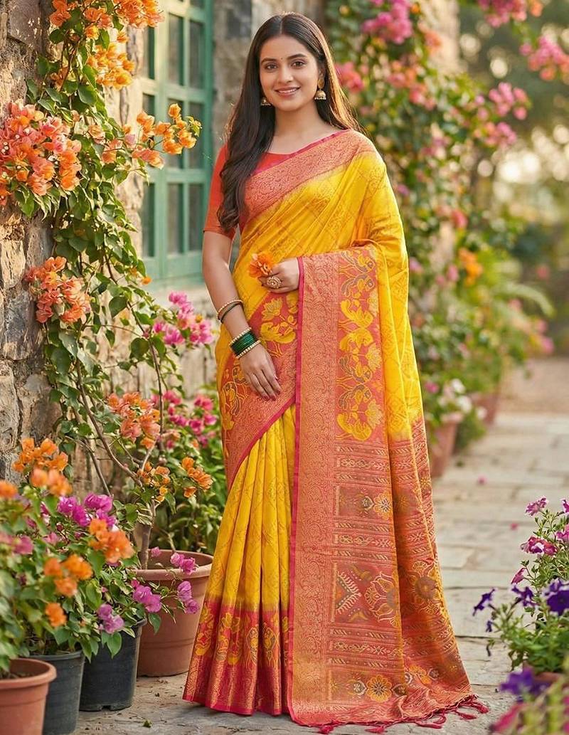 Yellow color pochampally silk zari woven women's indian saree
