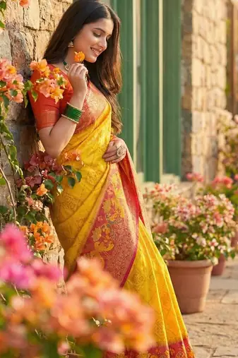 Yellow color pochampally silk blend zari woven women's indian saree
