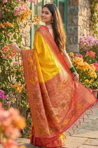 Yellow color pochampally silk blend zari woven women's indian saree
