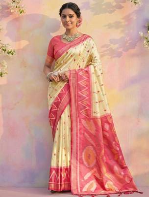 Cream soft silk blend zari woven women's indian saree 1