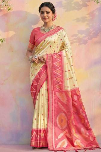 Cream color soft silk zari woven women's indian saree