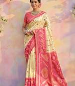 Cream color soft silk zari woven women's indian saree