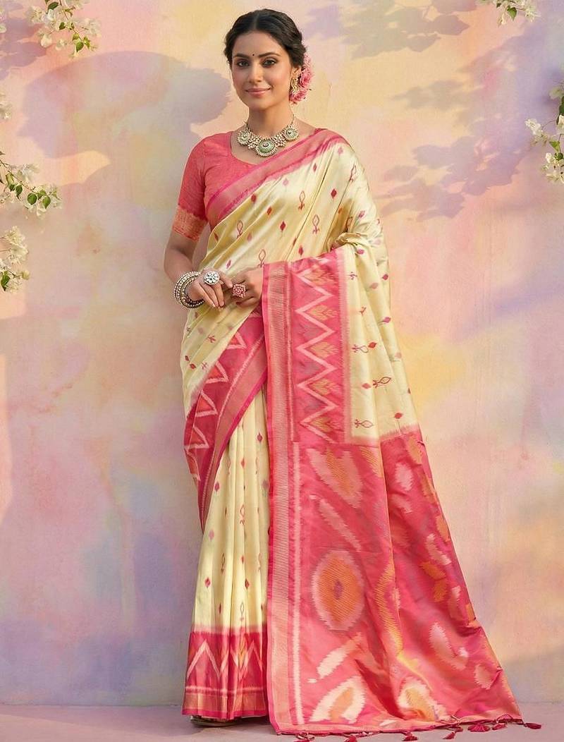 Cream color soft silk zari woven women's indian saree