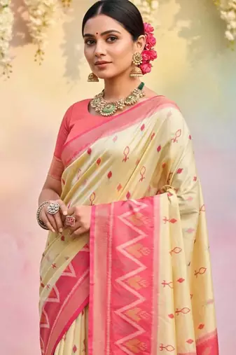 Cream color soft silk blend zari woven women's indian saree
