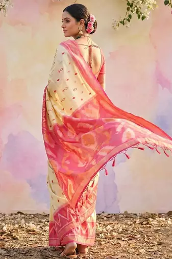 Cream color soft silk blend zari woven women's indian saree