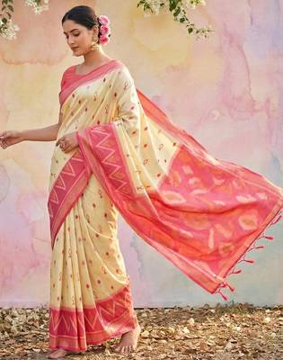 Cream soft silk blend zari woven women's indian saree 4