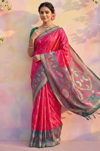 Pink color soft silk zari woven women's indian saree